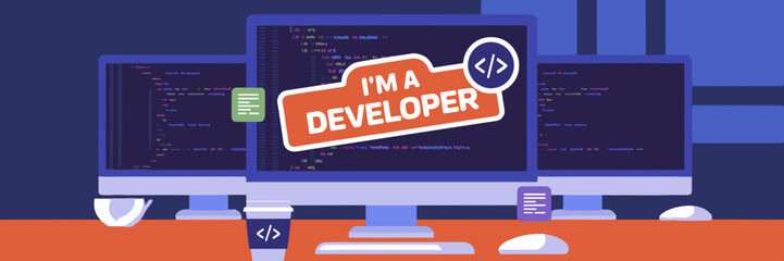 Sticker reading "I'm a developer" on computer screen with code and office background – Ideal for tech culture products, coding humor, or developer branding