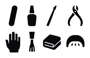 Beauty and spa solid icons set – nail care, grooming, manicure essentials