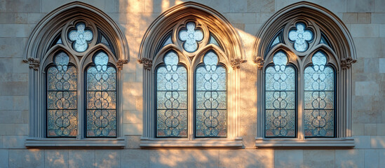 Obraz premium Gothic stone building windows with stained glass, arched