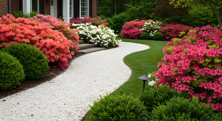 Scenic Garden Path With Vibrant Azaleas And Manicured Green Lawn