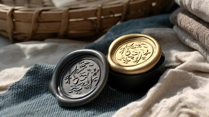 Elegant Wax Seals on Fabric and Basket, featuring gold and gray seals with embossed nature inspired design. - Powered by Adobe