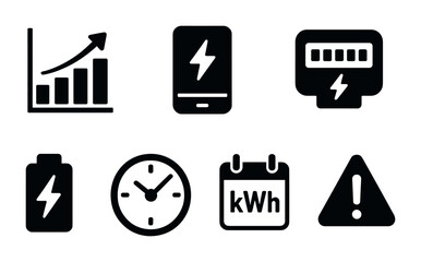 Energy and power silhouette icons set – solid, filled, electricity symbols and signs