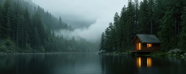 Obraz premium A cozy cabin with glowing lights sits by a calm lake, surrounded by dense pine forest and misty mountains.