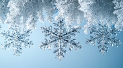 Close-up of intricate snowflakes glistening against a soft blue background, evoking winter beauty