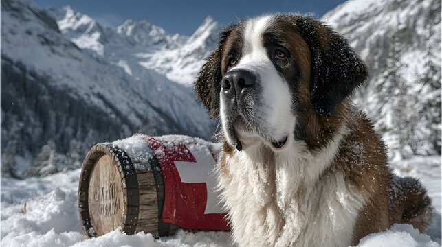 Bernhardiner mit Holzfass im Schnee vor alpiner Winterlandschaft
