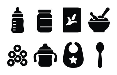 Baby feeding solid icons set – food, nutrition, infant and toddler care graphics