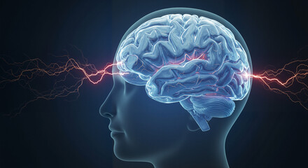 Abstract 3D Brain Concept with Electrical Activity Against Dark Background  
