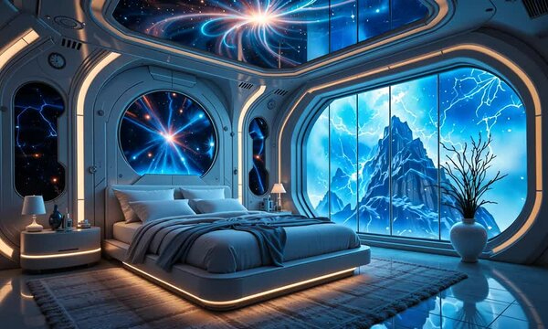 Futuristic space bedroom with panoramic window view of icy planet and glowing blue interior. Concept of sci-fi environment and cosmic luxury