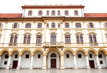 Obraz premium Symmetrical Renaissance palace facade, rounded arches, white background, architecture, background