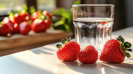 Top-down view of a few fresh strawberries beside a glass of water on a plain white countertop, early sunlight highlighting subtle textures, Scandinavian kitchen style