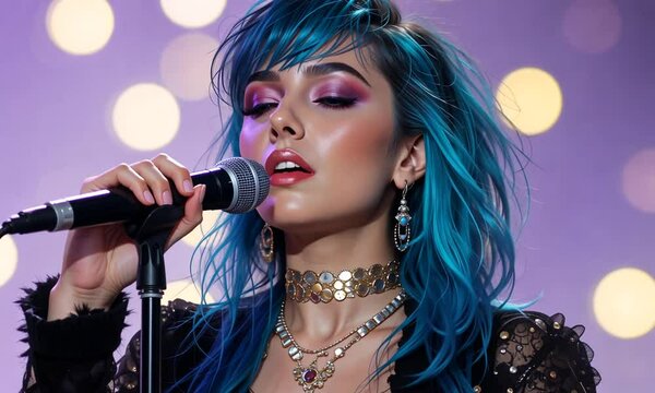 Female singer with blue hair performing on stage holding microphone with bokeh lights in background. Concept of pop music and nightlife