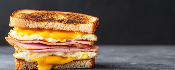 A toasted sandwich filled with ham, egg, and melted cheese sits on a dark background.