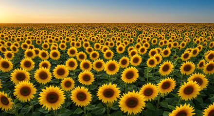 Fototapeta premium Majestic Sunflower Field Under Dawn Sky, Symbolizing Warmth And Abundance