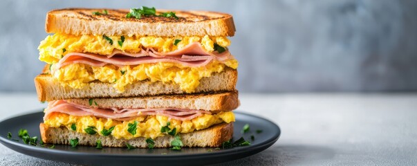 Stacked scrambled egg and ham sandwiches on toasted bread, garnished with fresh herbs, served on a black plate.