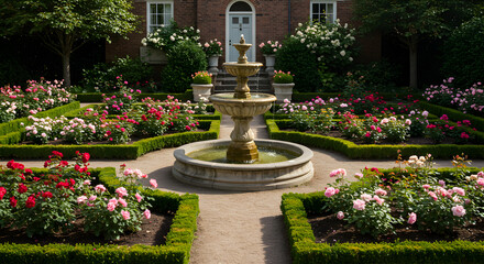 Obraz premium Elegant Rose Garden With Fountain At Grand Estate In Summer