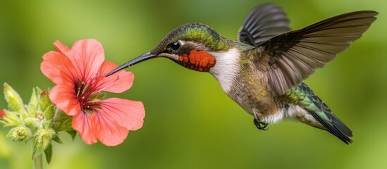 Fototapeta premium Hummingbird feeding on flower, garden, blurred green background, nature poster