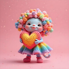 cute colorful crochet doll isolated in pink