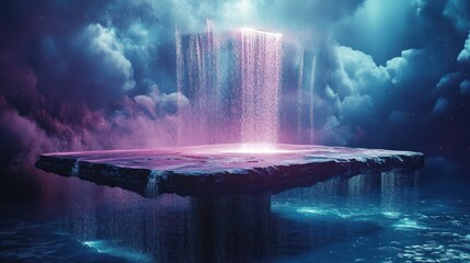 A floating island surrounded by flowing water and a cloudy sky