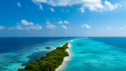 Fototapeta premium The aerial view in the island with white sand beach as coastline in summer Maldives