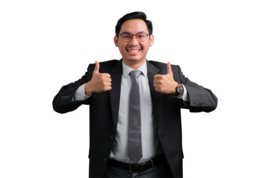 Happy young Asian businessman showing thumbs up gesture isolated on transparent background