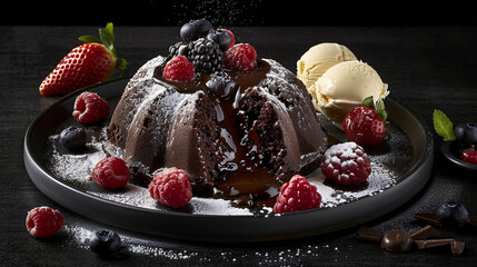 Indulgent Chocolate Lava Cake Dessert: A rich, molten chocolate cake oozing with warm ganache, artfully plated with a scoop of vanilla ice cream, fresh strawberries, raspberries, blueberries, powdered