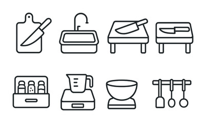 Kitchen and cooking outline icons set – flat, linear, culinary tools and utensils