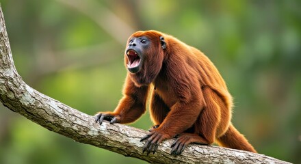 Red Howler Monkey Howling Powerful Calls During Tropical Jungle Sunrise Morning