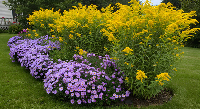 Vibrant Floral Border Showcasing Goldenrod and Purple Asters in Full Bloom