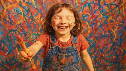 Fototapeta premium Smiling young painter showing paintbrush after painting a colorful abstract background, her face and clothes are stained with paint, she's wearing a red t-shirt and blue dungarees