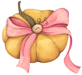 Pumpkin bow watercolor coquette pink ribbon illustration for autumn.