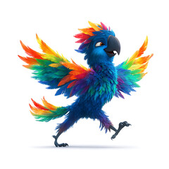 Obraz premium Cartoon bird of many colors with wings outstretched, looks like it's walking or dancing, on a white background.