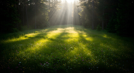 Obraz premium Sunlight Filtering Through Forest Trees Illuminating a Green Meadow