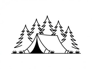 Camping Tent with Pine Trees Outline Black and White Simple Line Art