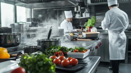 A busy restaurant kitchen being thoroughly cleaned, focusing on sanitization of countertops and appliances,