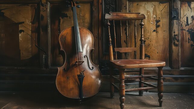 A well-preserved wooden viola da gamba, resting against a wooden chair in a vintage room.
