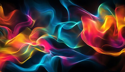 Obraz premium Abstract background featuring vibrant waves of light and swirling smoke in shades of dark blue, purple, pink, and orange, creating a dynamic and energetic atmosphere.