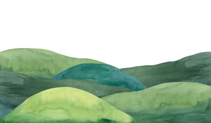 Fotobehang Olijf Watercolor green hills landscape illustration for kids  © Olga Listopad