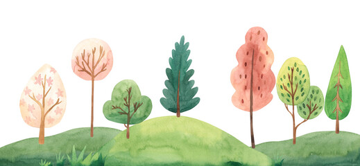 Watercolor spring  forest landscape illustration for kids © Olga Listopad