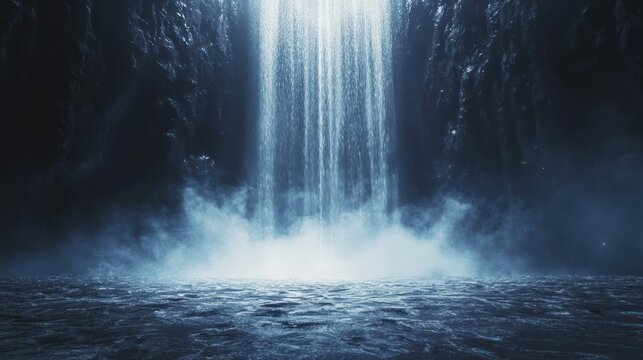 A cascading waterfall flowing down into a misty cavern below