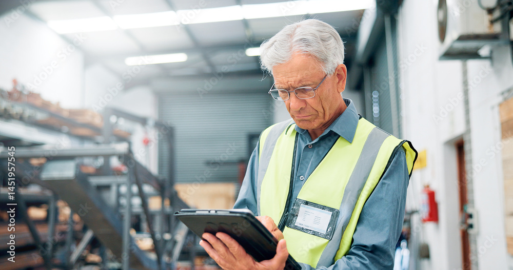 Poster man, engineer and tablet in factory for automation, distribution schedule and task checklist. mature