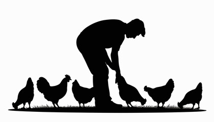 Farmer feeding chickens in silhouette, dedication to agriculture