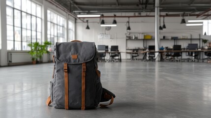 Coworking space used by a digital nomad with a backpack nearby : movement and focus theme
