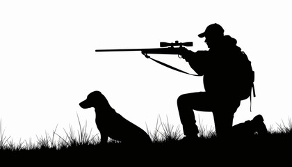 Hunter aiming rifle with dog silhouette on white background, outdoor symbolism