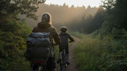 Family biking along a peaceful hiking trail on the weekend : active bonding theme
