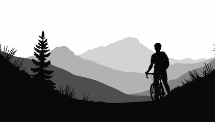 Obraz premium Silhouette of cyclist enjoying mountain vista at sunset, adventure