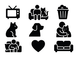Pet and home silhouette icons set – solid, filled, animal care and cozy living symbols
