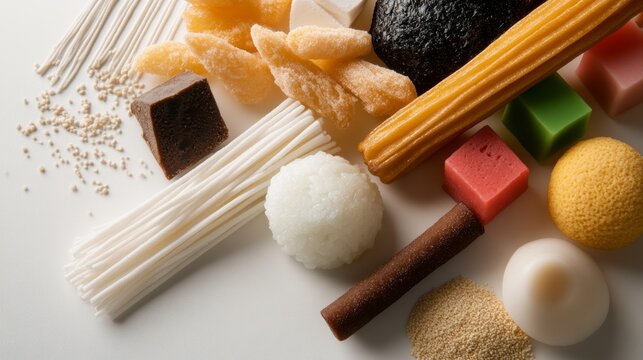 A collection of international snack foods, from mochi to churros, displayed on a clean white surface,