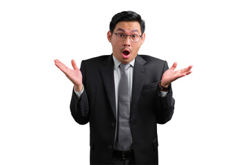 Surprised young Asian businessman in suit shrugging and raising hands isolated on transparent background