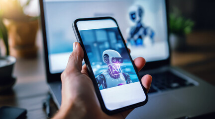 A person holds a smartphone displaying a robot with "AI" text, in front of a blurred laptop, suggesting artificial intelligence technology.