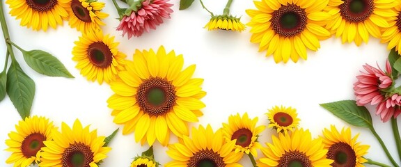 Fototapeta premium Vibrant sunflowers arranged in a frame on crisp white, ample copy space, agriculture, rustic